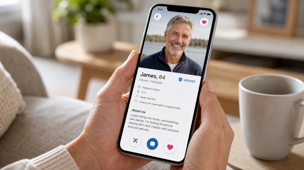 A woman over 50 using a dating app on her phone